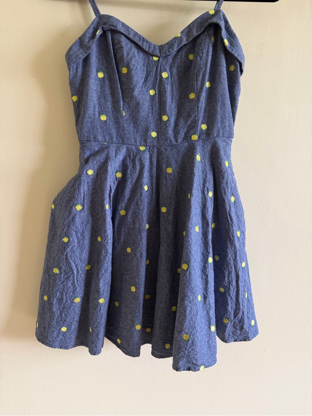 Navy Blue Polka Dot Sundress with Yellow Dots & Pockets Chambray